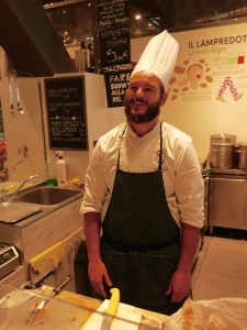 A fellow chef preparing tripe for my son for the first time.  We tricked him a bit, he ate it, and oddly he liked it!